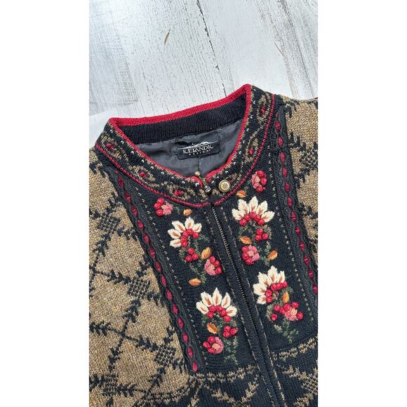 Icelandic Designs Brown Black Floral Embroidered Scandigirl Wool Knit Sweater - Picture 10 of 12